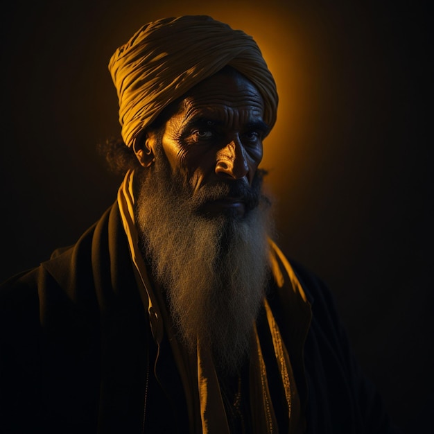 Un homme avec une barbe blanche et une lumière jaune derrière lui