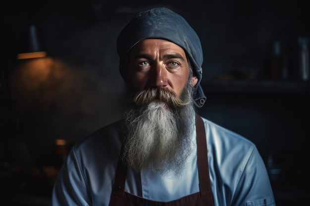 Un homme avec une barbe blanche se tient dans une pièce sombre avec un fond sombre.