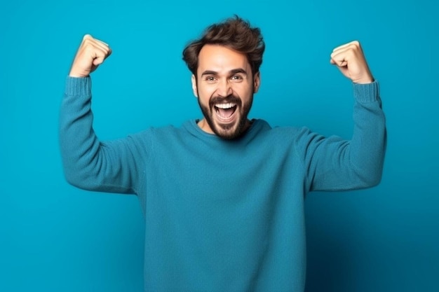 un homme avec une barbe et les bras en avant d'un fond bleu