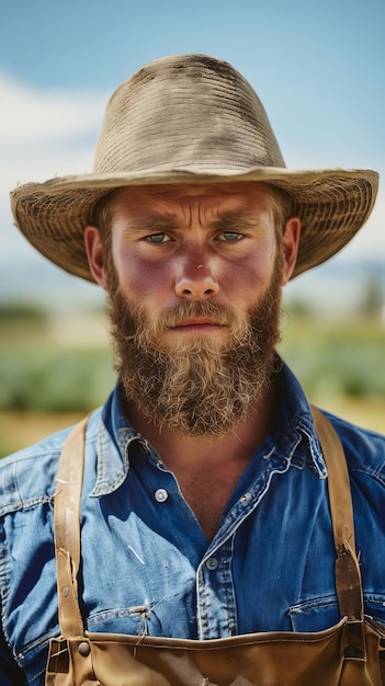 Un homme avec une barbe et un chapeau dans un champ