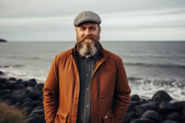 un homme avec une barbe et un chapeau debout devant l'océan