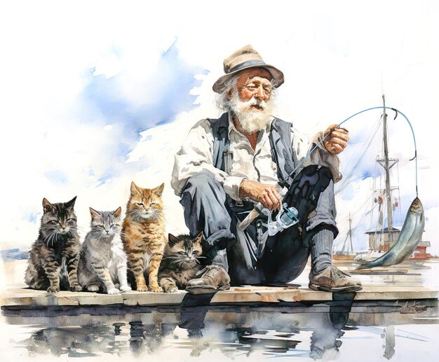 Photo un homme avec une barbe et un chapeau est assis sur un quai avec deux chats