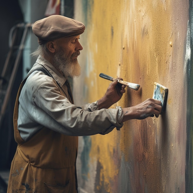 Un homme avec une barbe et un chapeau peint un mur avec un pinceau.