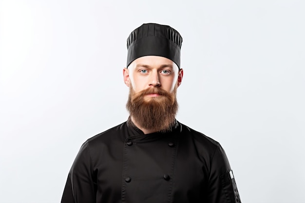 Un homme avec une barbe et un chapeau se tient devant un fond blanc.