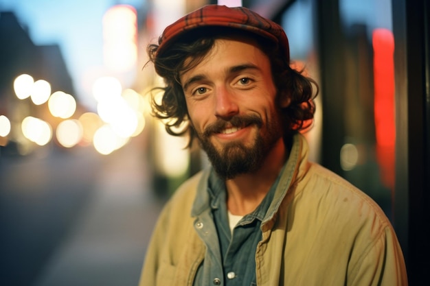 un homme avec une barbe et un chapeau sourit à la caméra