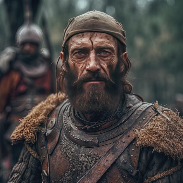 un homme avec une barbe et un chapeau sur la tête est debout dans une forêt