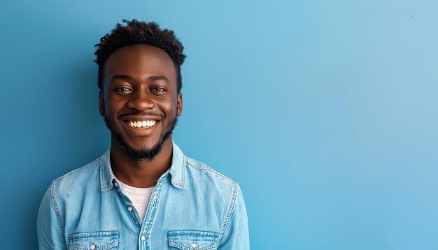 Un homme avec une barbe et une chemise bleue sourit.