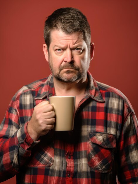 Un homme avec une barbe et une chemise à carreaux tient une tasse dans sa main.