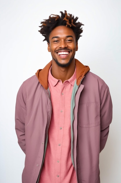 Photo l'homme à la barbe et à la chemise rose sourit