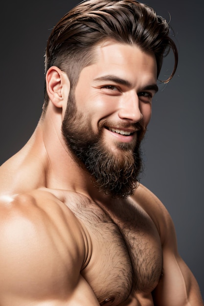 un homme avec une barbe et une chemise sans chemise souriant à la caméra avec un sourire sur son visage et une barbe