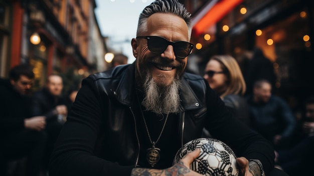 Un homme avec une barbe de chèvre tenant un ballon de football