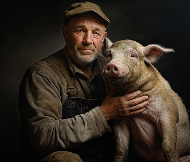 Photo un homme avec une barbe et un cochon devant lui