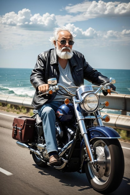 un homme avec une barbe conduisant une moto sur la route.