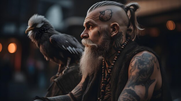 Un homme avec une barbe et un corbeau sur la tête