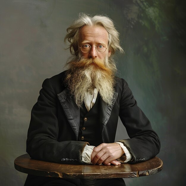 Photo un homme avec une barbe et un costume assis devant une table