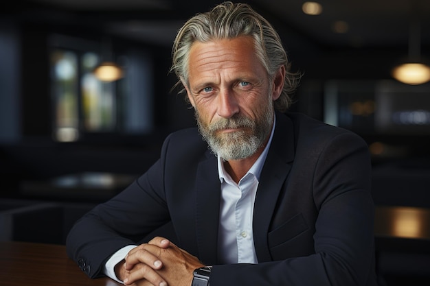 Un homme avec une barbe et un costume est assis à une table