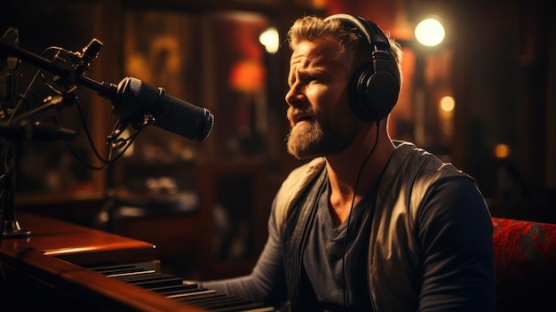 Un homme avec une barbe dans un casque joue du piano et chante dans un microphone dans un studio d'enregistrement