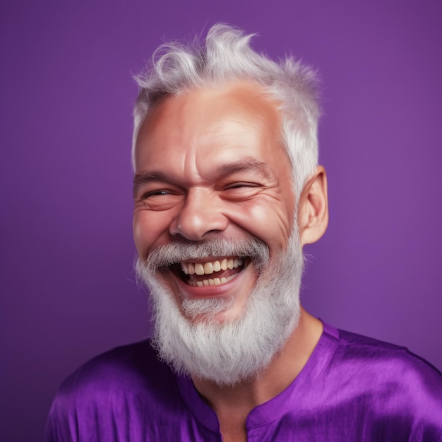 Un homme avec une barbe dans une chemise violette sourit très fortement