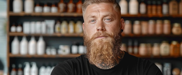 Un homme à barbe devant une étagère de bouteilles