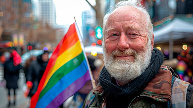 un homme avec une barbe et un drapeau arc-en-ciel