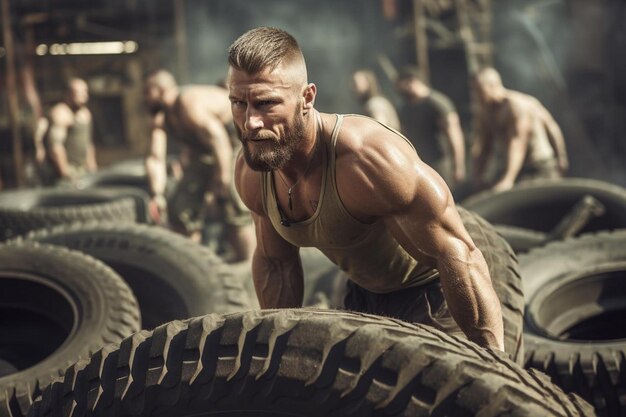 un homme avec une barbe est accroupi dans une salle de sport avec des pneus.