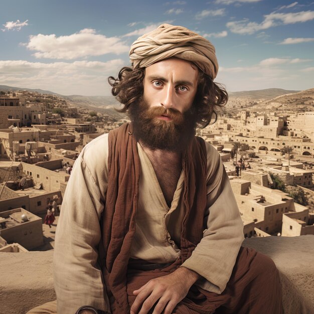 Photo un homme avec une barbe est assis sur un rebord