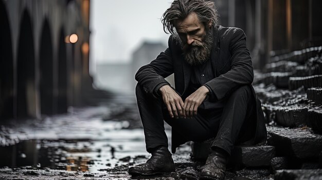 un homme avec une barbe est assis sur une rue humide
