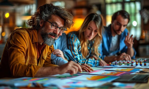 un homme avec une barbe est assis à une table avec un morceau de papier coloré