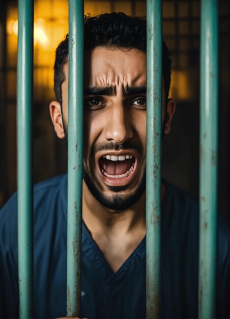 Photo un homme avec une barbe est dans une prison avec des barres qui disent en colère