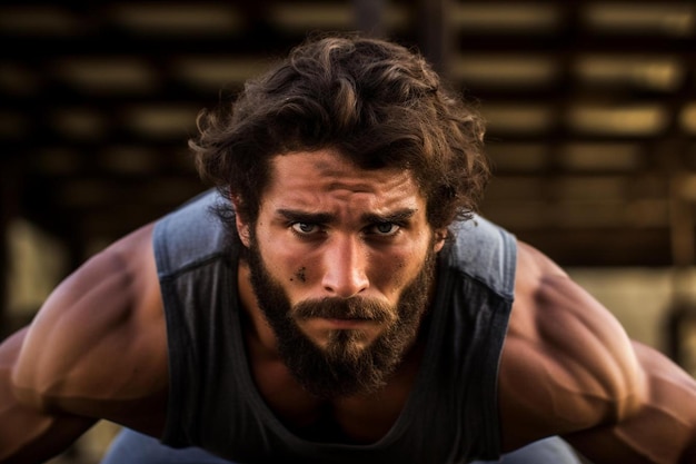 Photo un homme avec une barbe fait des pompes