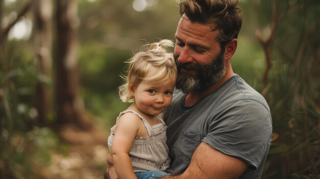 Photo un homme à la barbe forte d'une quarantaine d'années tenant sa fille blonde d'un an.