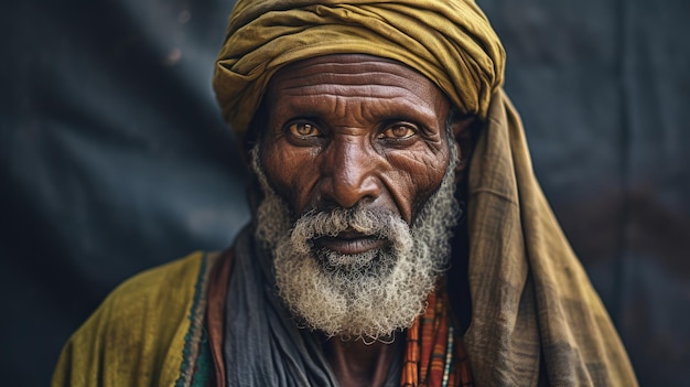 Un homme avec une barbe grise et un chapeau jaune