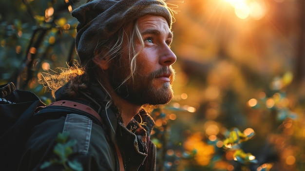 Photo un homme à barbe hipster avec les cheveux longs dans un chapeau et une veste sur le fond de la forêt