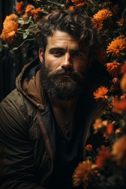 Un homme à la barbe avec une humeur d'automne