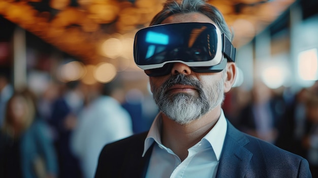 Un homme avec une barbe immergé dans la réalité virtuelle en utilisant un casque présentant les dernières avancées