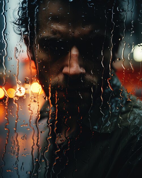 un homme avec une barbe et un imperméable regardant par une fenêtre