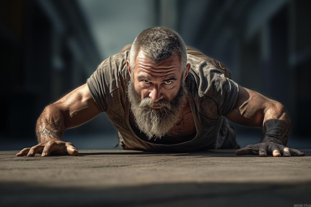 Photo un homme avec une barbe et une longue barbe fait des pompes sur le sol.