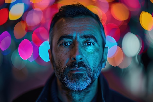 un homme avec une barbe et une lumière bleue en arrière-plan