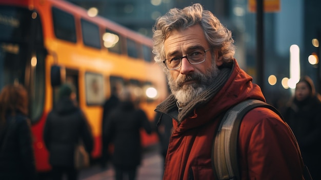 Un homme à barbe et à lunettes devant un bus