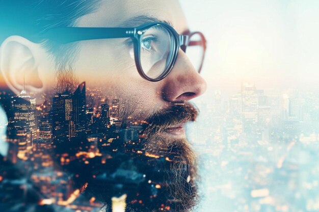 un homme avec une barbe et des lunettes regardant une ville