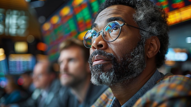 Un homme à barbe et à lunettes regarde au loin.