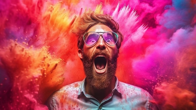 Un homme avec une barbe et des lunettes se tient devant des poudres colorées.