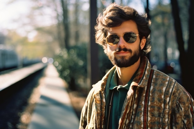 Photo un homme avec une barbe et des lunettes de soleil debout devant une voie ferrée