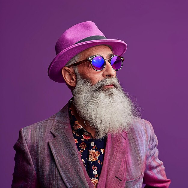un homme avec une barbe et des lunettes de soleil porte un costume violet et un chapeau violet