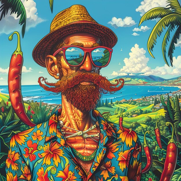 un homme avec une barbe et des lunettes de soleil se tient dans un paysage tropical