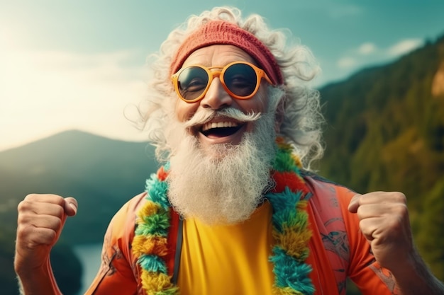 Un homme avec une barbe et des lunettes de soleil sourit devant une montagne