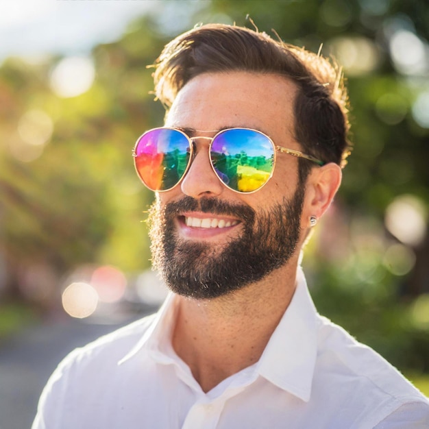 Photo un homme avec une barbe et des lunettes de soleil sourit.