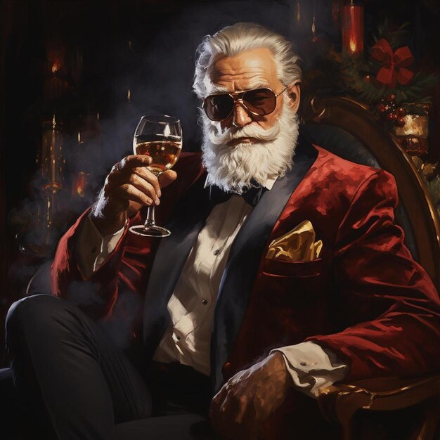 un homme avec une barbe et des lunettes tenant un verre de vin.