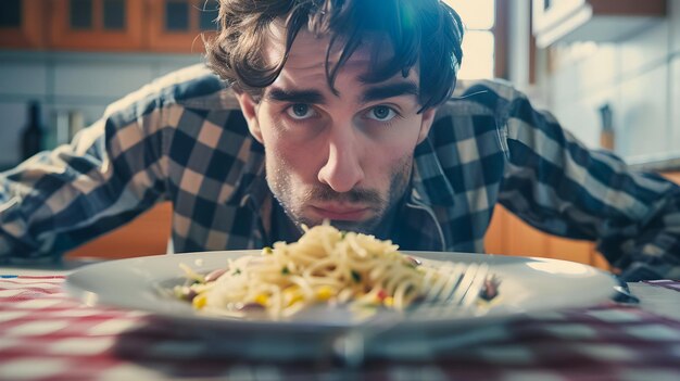 Photo un homme avec une barbe mange une assiette de nouilles