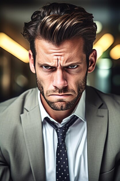 Un homme avec une barbe et une moustache a l'air en colère.